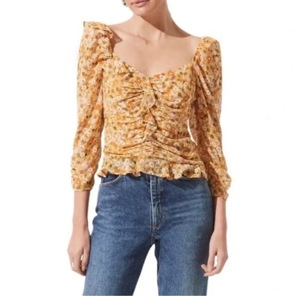Astr Floral Ruffle Blouse in Yellow and White
